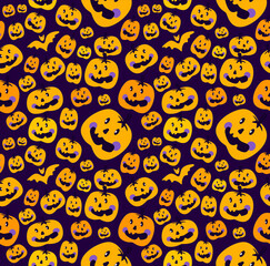 Halloween Pumpkin Seamless Pattern.Jack-o-lantern, Endless Orange Bright Background,Cute Pumpkins,Bats. All Saints Day Banner. Bright Greeting Happy Halloween. Textile Print.Spooky Vector Illustration