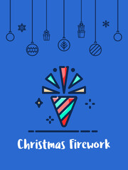 Christmas firework celebration icon with christmas ornament elements hanging background.