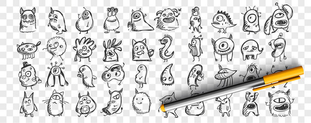 Monsters doodle set. Collection of hand drawn pencil sketches templates patterns of spooky creatures alliens ugly cyclops beasts mascots on transparent background. Illustration of Halloween symbol.