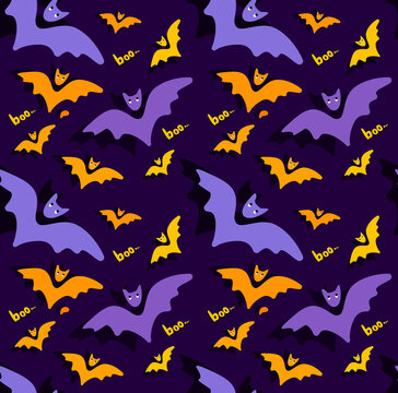 Halloween Orange Purple Seamless Pattern.Endless Bright Background , Cute Bats,Flittermouse.All Saint Day Banner. Differernt Bats Greeting Card.Happy Halloween.Textile Print.Spooky Vector Illustration