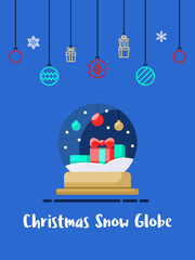Christmas gift box in snow globe icon with christmas ornament elements hanging background.