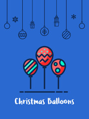 Christmas balloons party icon with christmas ornament elements hanging background.