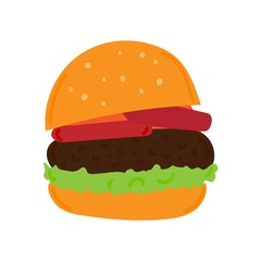 hamburger or burger with tomatoes and green salad. Hand drawn vector illustration isolated on white background