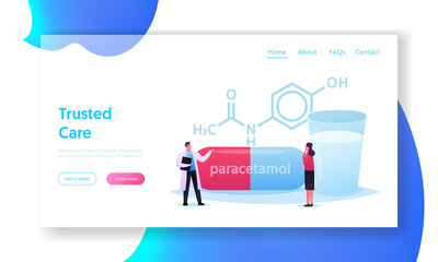 Pills Producing Landing Page Template. Tiny Doctor and Patient Character Stand at Huge Formula of Paracetamol Medicament