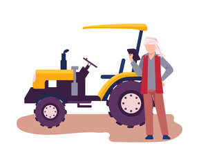 Asian Male Farmer Standing Beside Tractor Machine Vector Illustration