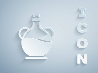 Paper cut Bottle of olive oil icon isolated on grey background. Jug with olive oil icon. Paper art style. Vector.