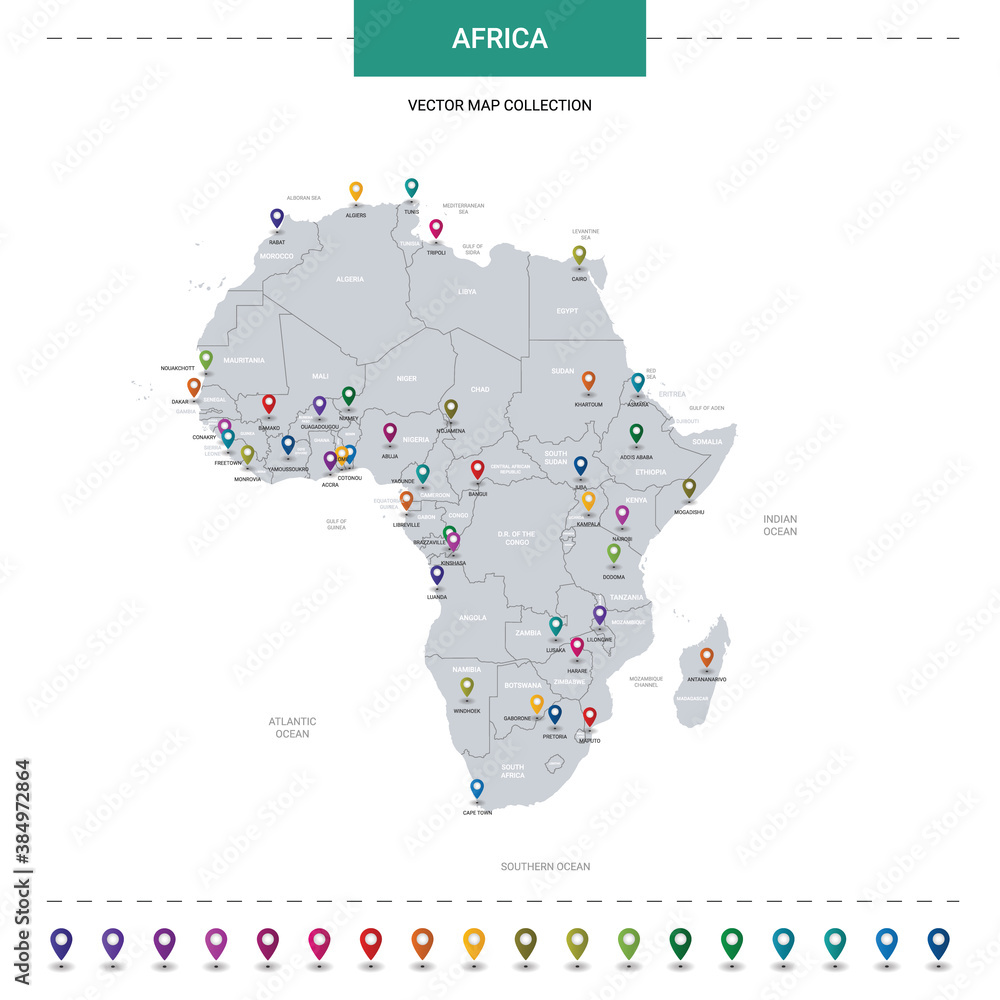 Wall mural africa map with location pointer marks. infographic vector template, isolated on white background.