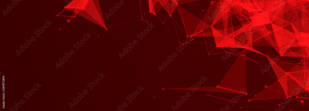 Fototapete Connection of dots and lines structure on dark background. Red abstract polygonal space. 3d Widescreen
