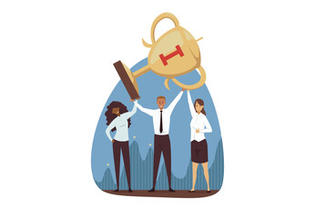 Success, win, celebration, goal achievement, business concept. Team of young happy businessman woman clerks managers leaders cartoon characters hold golden cup together. Reaching purpose and victory.