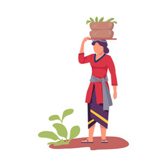 Asian Female Farmer Carrying Wicker Basket on Her Head Vector Illustration