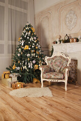 Living room in light colors in retro style with Christmas decor. Magical, festive background with decorations. Quiet image of classic tree interior is decorated with fireplace. Copy place, text space