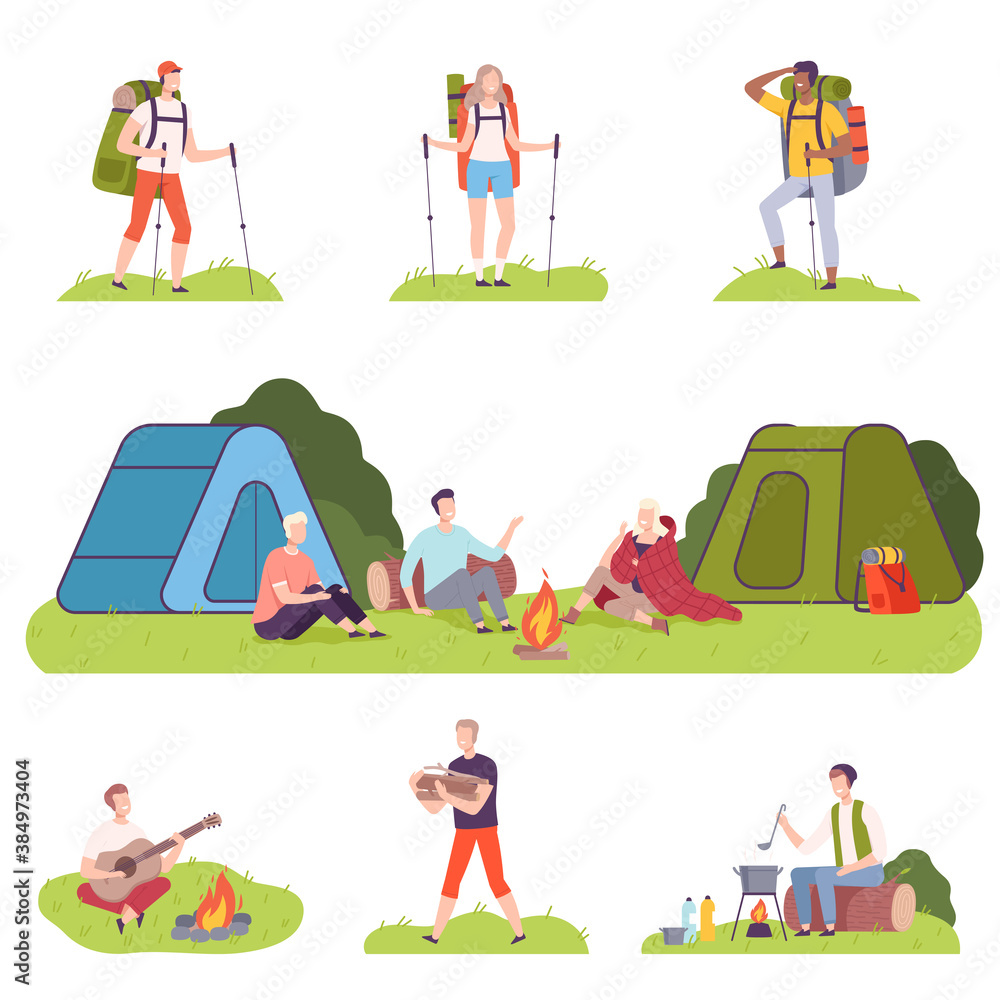 Sticker People Characters with Backpacks Hiking and Camping Vector Illustration Set