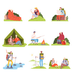 People Characters with Backpacks Hiking and Camping Vector Illustration Set