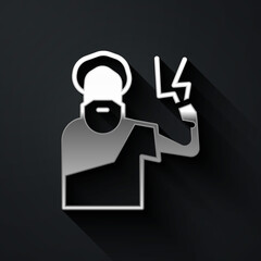 Silver Zeus icon isolated on black background. Greek god. God of Lightning. Long shadow style. Vector.
