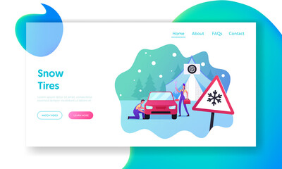 Road Accident, Garage Service Landing Page Template. Mechanics Characters Change Summer Car Tyres on Winter, Repair Work