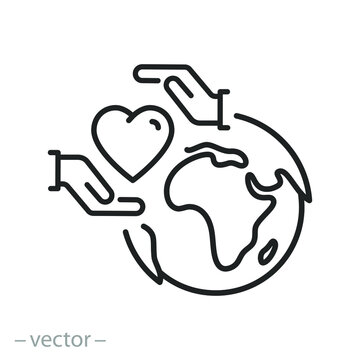 peace and love on the earth icon, world charity or donation concept, heart in hands with globe, planet healthy save, thin line symbol on white background
