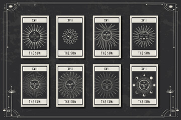 Fototapeta na wymiar Set of decorative tarot cards. Vintage retro vintage engraving style. the sun, moon phases, crystals, magic symbols. print in the interior and design. vector graphics