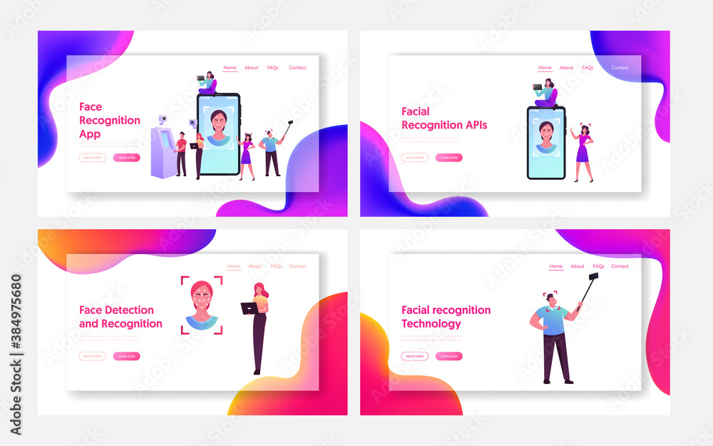 Poster face detection, facial recognition landing page template set. tiny character scanning face id, smart