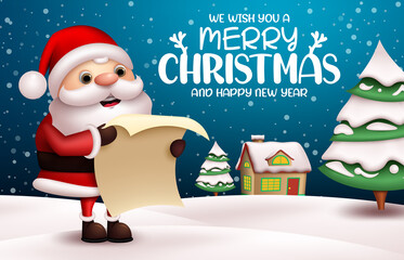 Christmas santa vector banner design. Merry christmas text with santa claus character reading wish list in snow winter background for xmas holiday celebration. Vector illustration. 
