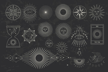 Set of decorative tarot cards. Vintage retro vintage engraving style. the sun, moon phases, crystals, magic symbols. print in the interior and design. vector graphics