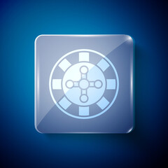 White Casino roulette wheel icon isolated on blue background. Square glass panels. Vector.