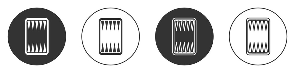 Black Backgammon board icon isolated on white background. Circle button. Vector.