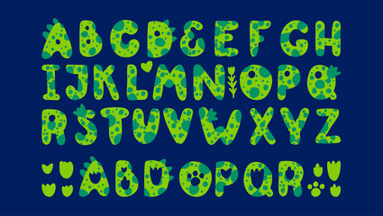 Green dinosaurs alphabet. Font for Dino prints of childrens textiles, Wallpaper, paper for Dino scrapbooking, packaging, invitation card, holidays in the style of monsters, dragons. Vector
