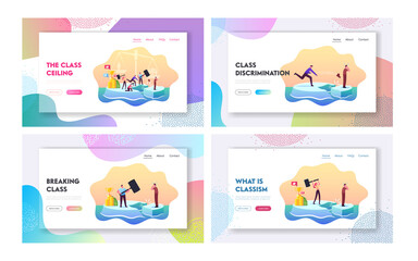 Fototapeta premium Class Discrimination, Inequity Landing Page Template Set. Successful Characters Drive Out Man in Poor Rough Clothes