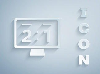 Paper cut Sport mechanical scoreboard and result display icon isolated on grey background. Paper art style. Vector.