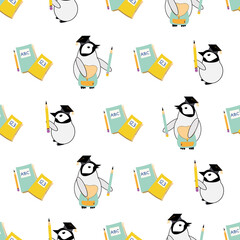 Cute vector Kawaii penguin chicks with scholar hats,pencils, notebooks on white backdrop. Whimsical cartoon emperor baby seamless pattern background. Fun all over print for learning, school concept