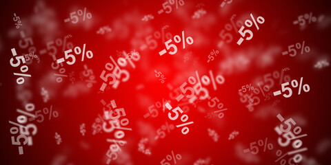 Abstract red background with flying -5% discount symbols