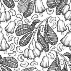 Hand drawn sketch Cashew seamless pattern. Organic food vector illustration on white background. Vintage nut illustration. Engraved style botanical background.