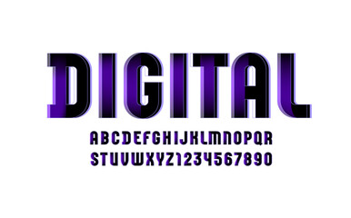 Violet technical font, digital alphabet, letters (A, B, C, D, E, F, G, H, I, J, K, L, M, N, O, P, Q, R, S, T, U, V, W, X, Y, Z) and numbers (0, 1, 2, 3, 4, 5, 6, 7, 8, 9), vector illustration 10EPS