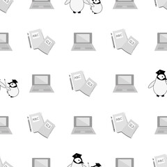 Vector Kawaii penguin chicks with notebooks, laptops seamless pattern background. Cartoon pair of emperor baby chicks with journals, computers monochrome backdrop. Repeat for learning, school concept