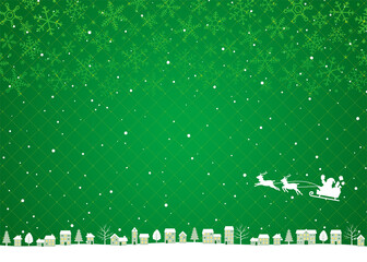 クリスマスの街並み緑背景、サンタクロースとトナカイのソリ