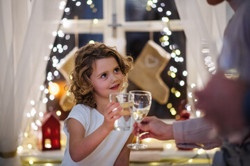Small girl with family indoors celebrating Christmas together, clinking glasses.