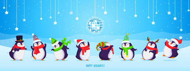 Set of eight cute dancing Christmas penguins on a blue background with disco ball, snowflakes, stars and mountains. Vector cartoon hand drawn illustration. © lisannart