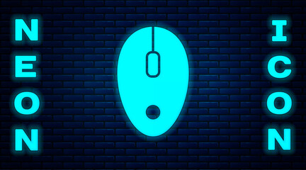 Glowing neon Computer mouse icon isolated on brick wall background. Optical with wheel symbol. Vector.