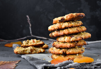 Oatmeal cookies. Homemade baking. Autumn concept of cookies with dried apricots and chocolate. Copy space. Dark background.