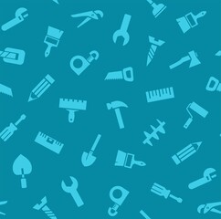Hand tools, construction, seamless pattern, color, blue. Turquoise icons on a blue field. Colored flat background. Vector.  