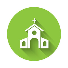 White Church building icon isolated with long shadow. Christian Church. Religion of church. Green circle button. Vector.