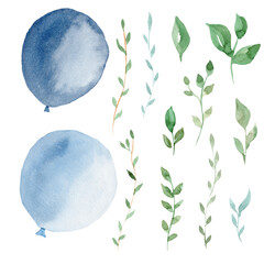 Hand drawn watercolor clipart set of light blue balloons and greenery leaves. Graphic illustration. - 384979282