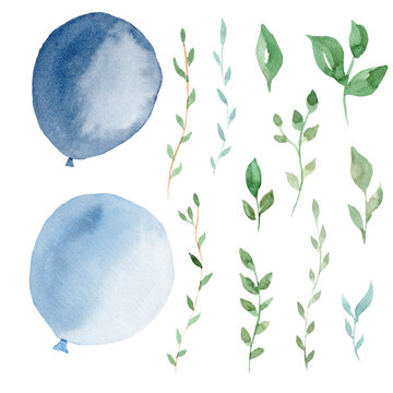 Hand drawn watercolor clipart set of light blue balloons and greenery leaves. Graphic illustration.