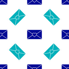 Blue Envelope with Valentine heart icon isolated seamless pattern on white background. Message love. Letter love and romance. Vector.