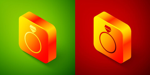 Isometric Diamond engagement ring icon isolated on green and red background. Square button. Vector.