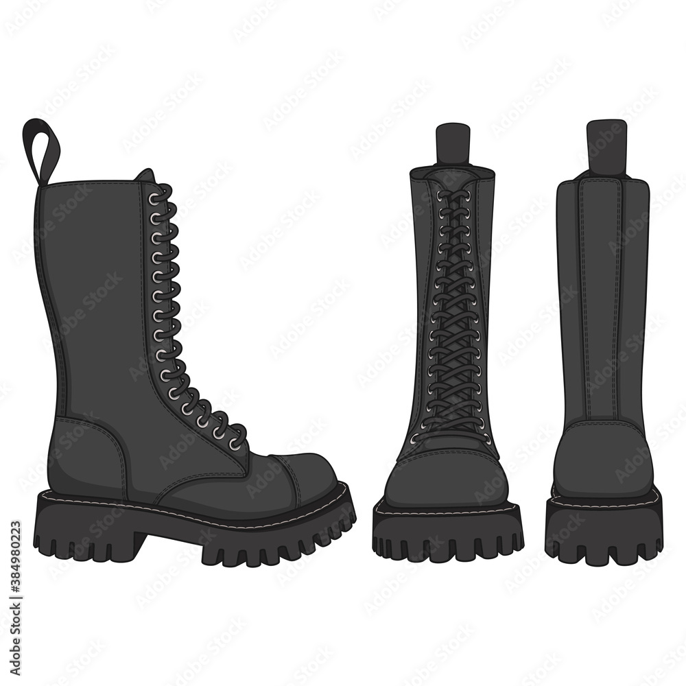 Poster set of color illustrations with black boots, high boots with laces. isolated vector objects on white
