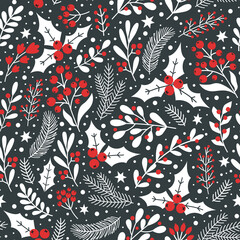 Seamless Christmas red-white-black pattern with hand drawn decoration elements. Perfect for backgrounds, wrapping paper, scrapbooking, decor for  greeting cards, invitations, etc.