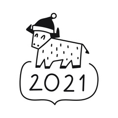 Hand drawn badge. New year 2021. Bull with Christmas hat. Illustration for greeting card, print, stickers, posters design.