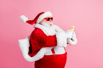 Wow x-mas christmas wifi sale. Profile side photo amazed fat grey beard santa claus use smartphone...