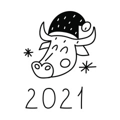 Hand drawn badge. New year 2021. Bull with Christmas hat. Illustration for greeting card, print, stickers, posters design.